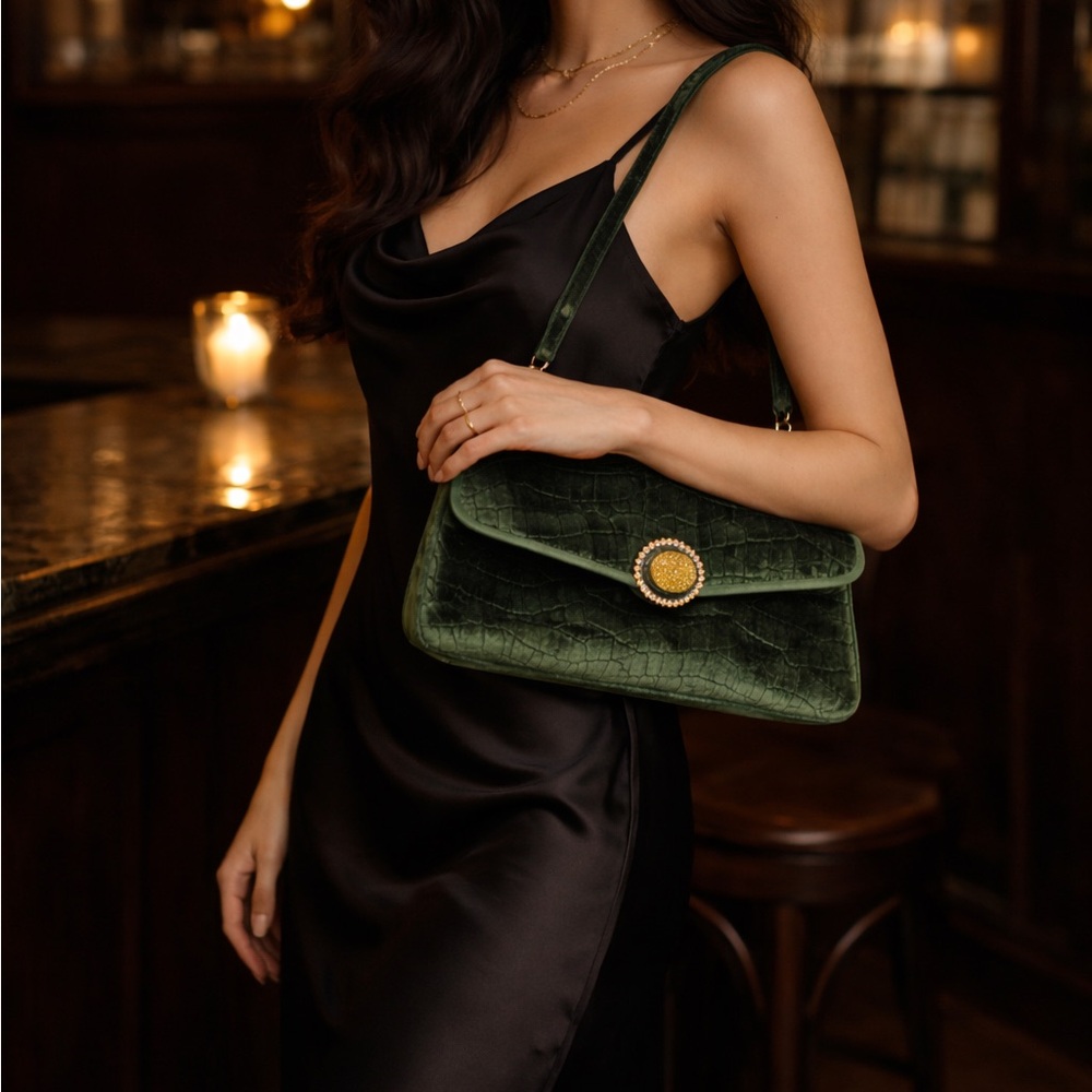 Via Spiga Green Velvet Croc Embossed Shoulder Bag Jewel Clasp Removable Strap